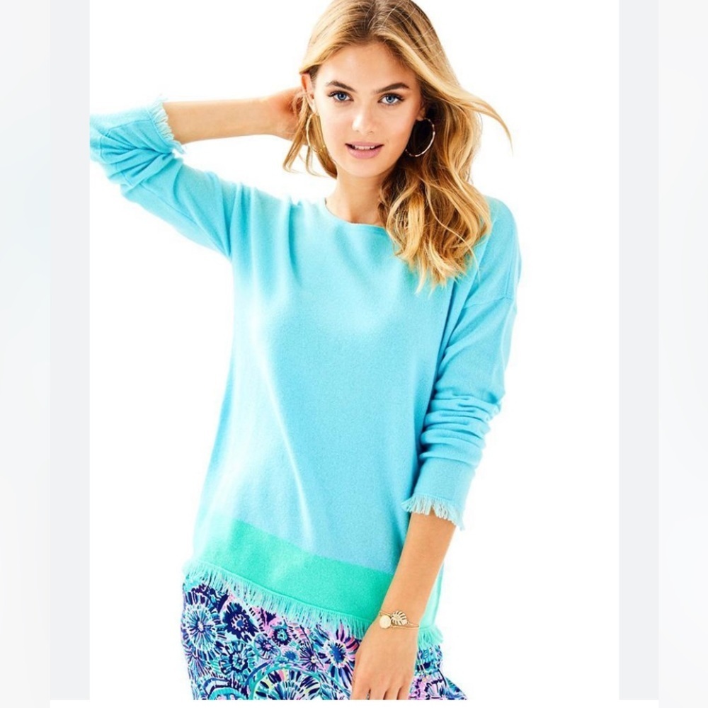 Lilly Pulitzer Fairfax Cashmere Sweater Blue Green Fringe‎ Hems Boatneck Boxy